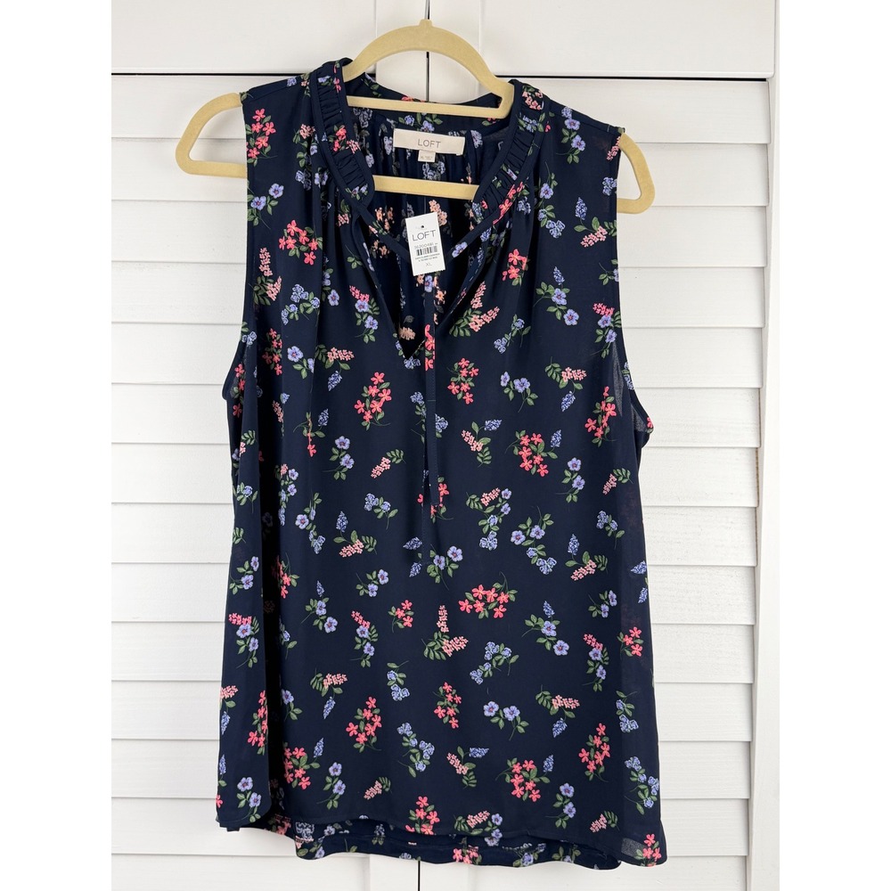 LOFT Sleeveless Blouse XL Navy Floral Ruffle Neck Mixed Media NEW